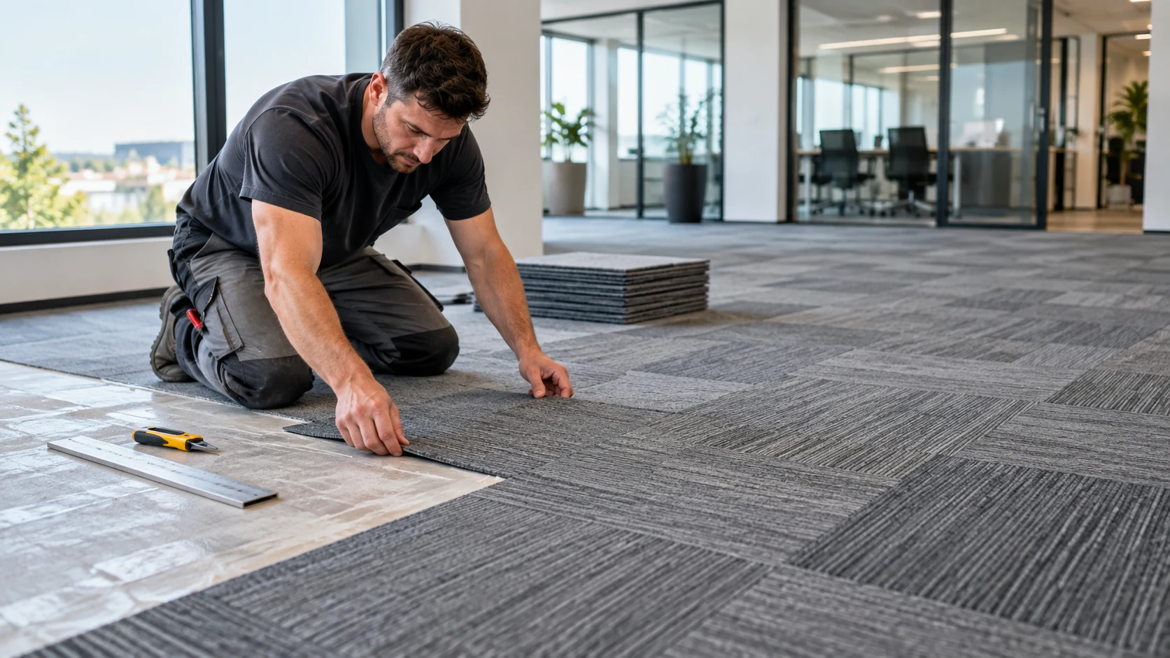 Fachgerechtes Verlegen von grauen Teppichfliesen im Büro