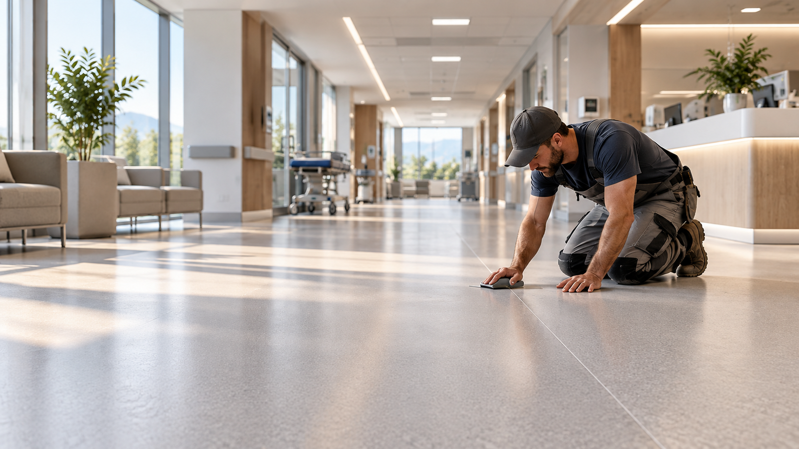 Modernes Krankenhaus mit verlegtem elastischem Bodenbelag