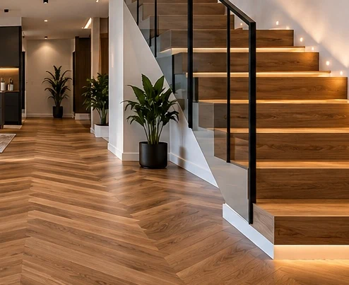 Modern renovierte Treppe mit Holzstufen und passenden Treppenkanten